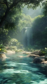 Sunlit jungle waterfall descends into a clear turquoise pool
