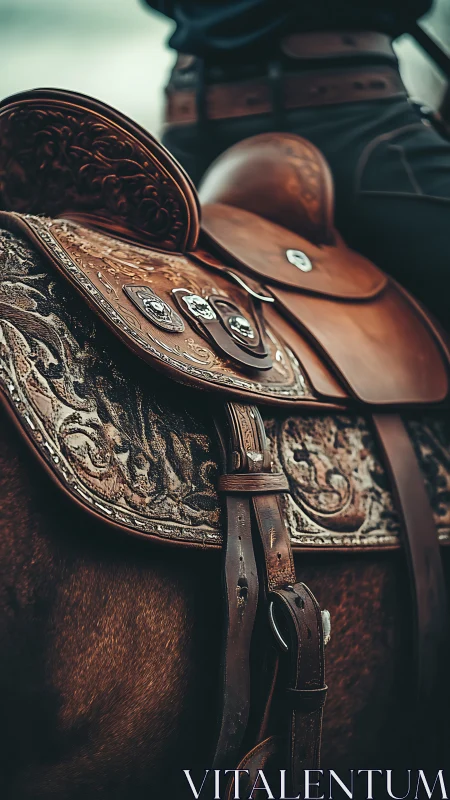 Ornate western saddle whispering stories in burnished leather.