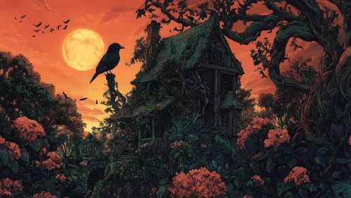 Crow guards overgrown cottage under glowing harvest moon sky
