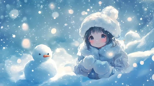 Snowy anime girl kneels beside small snowman at twilight
