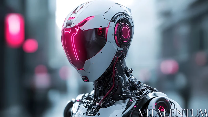 Humanoid robotic figure stands in urban environment background