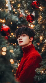 Youth in red sweater framed by decorated Christmas tree