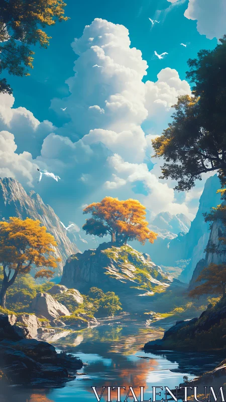 Mountain river landscape with bright clouds and trees.