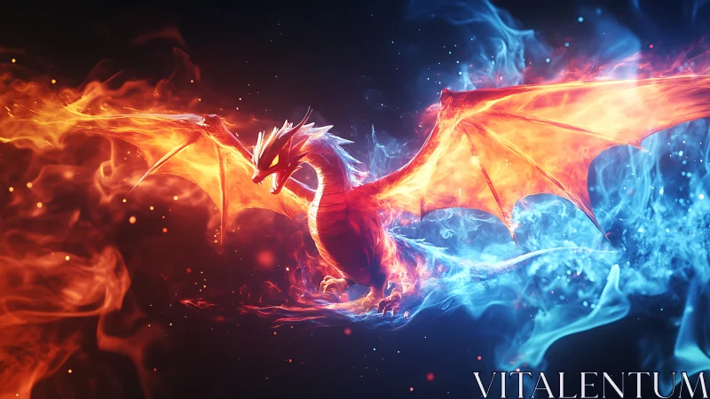 Fire and ice dragon spreads glowing wings in midair.