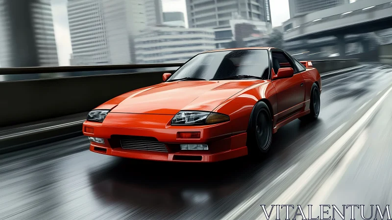 Photorealistic red sports coupe in dynamic urban motion study.