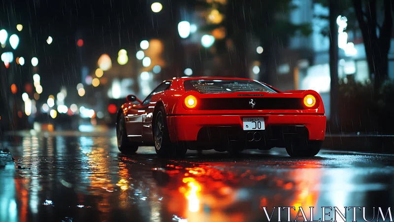 Scarlet supercar hums through rain-slick neon city streets