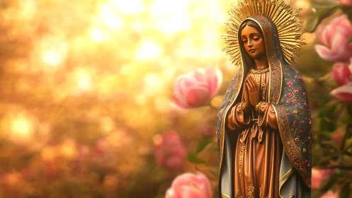 Religious statue with halo in floral outdoor setting.