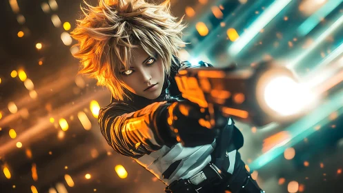 Futuristic anime gunfighter with glowing muzzle flash.