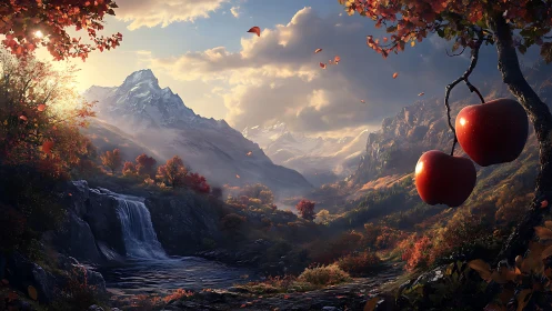Mountain valley cascade with hyperreal foreground apples.