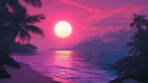 Dreamy pink tropical sunset over a calm island shore.