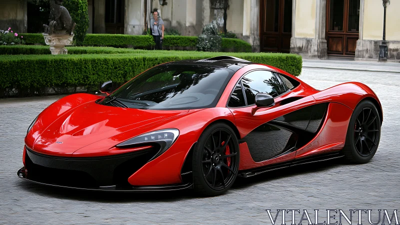 Red hybrid supercar parks on cobblestone drive before estate