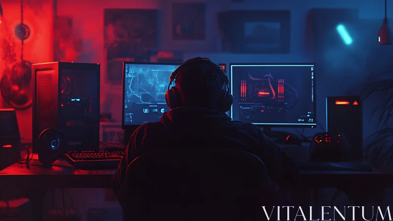 PC workstation with user at dual monitors in colored light.