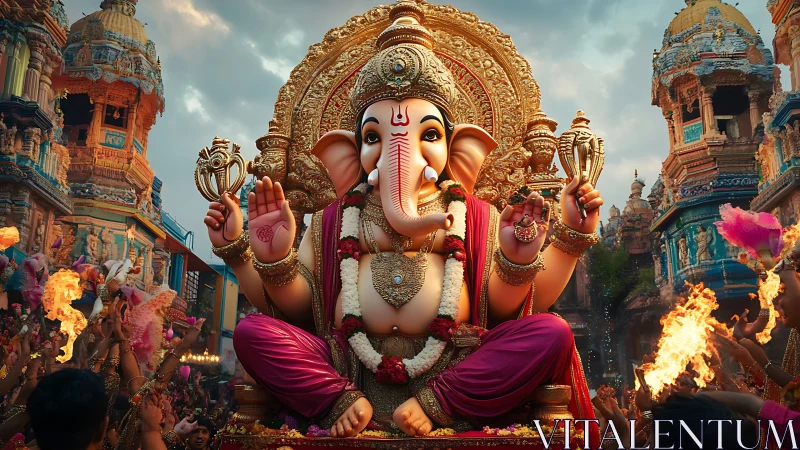 Large Ganesh idol in ornate temple festival setting.