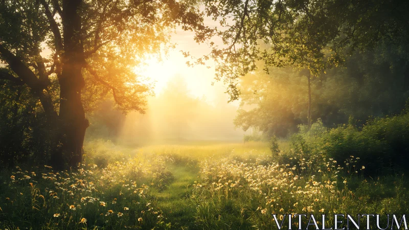 Sunlit meadow with trees and wildflowers in morning haze.
