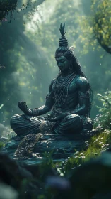 Forest meditation with serene stone deity in soft light.