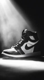 Iconic high-top sneaker glows under dramatic spotlight.