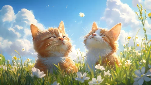 Two felids positioned in flowering meadow beneath blue sky