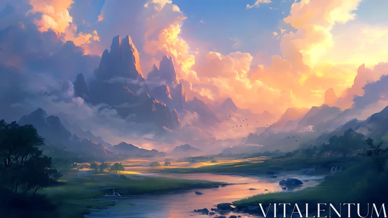 Golden evening light bathes tranquil fantasy mountain valley