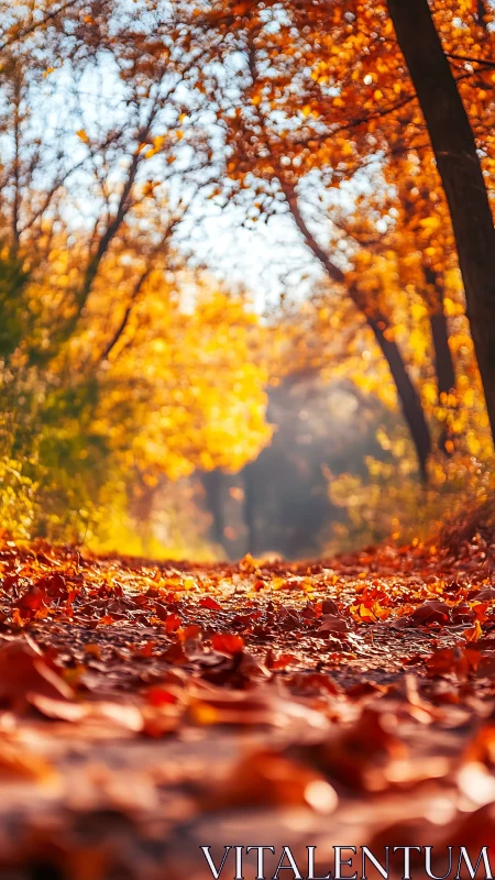 Autumn forest path glows under low warm sunset light.