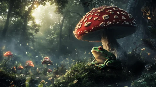 Forest frog keeps quiet watch beneath a towering red toadstool