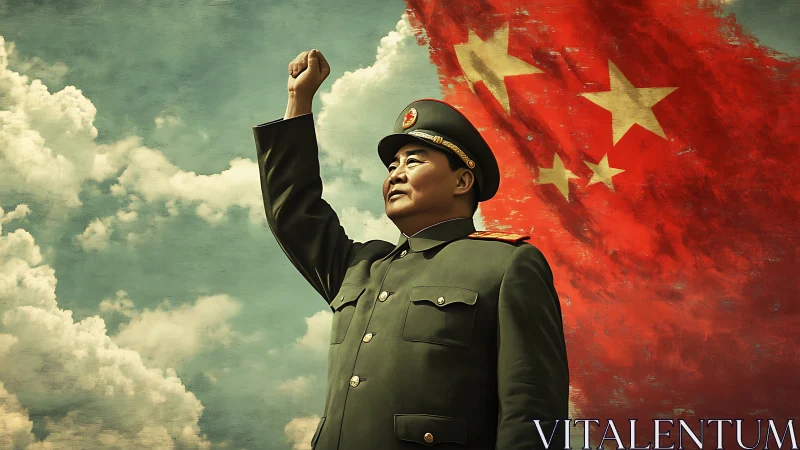 Chinese military officer before national flag in cloudy sky.