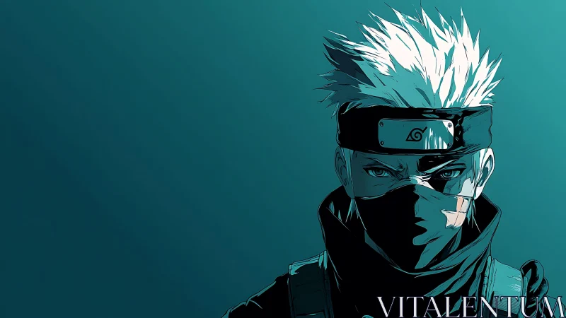 Masked silver-haired ninja portrait on teal background.