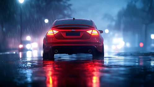 Red sports sedan in cinematic rain-soaked nocturnal street scene