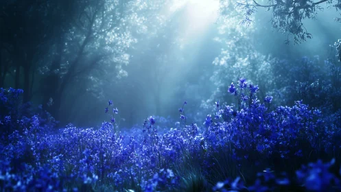 Moonlit blue wildflower meadow glows softly in a misty forest