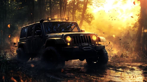 Sunlit forest trail ride with a mud-splashed off road jeep.