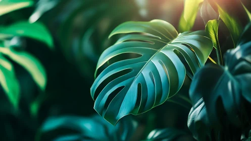 Sunlit monstera leaves glow softly in a lush green jungle