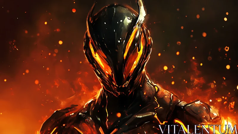 Infernal armored warrior emerges from blazing molten fire.