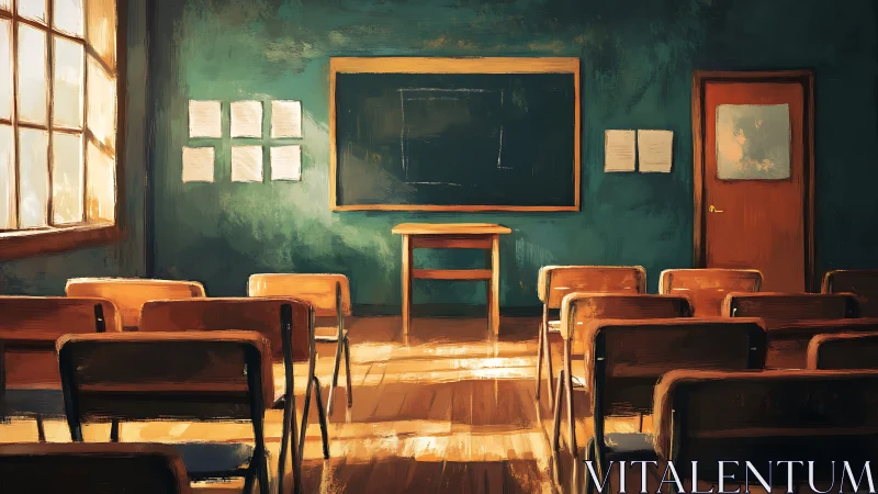 Empty classroom interior with desks, chalkboard, and door.