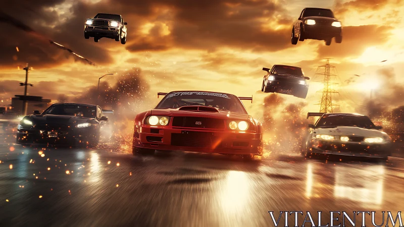 Aerodynamic drift convoy under incendiary sunset sky.