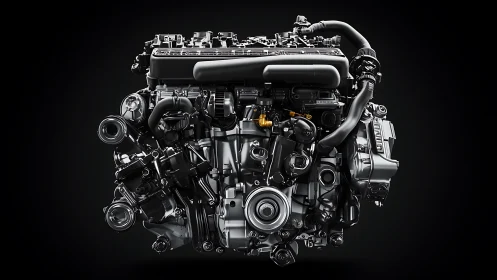 Detailed front view shows compact modern automotive engine assembly