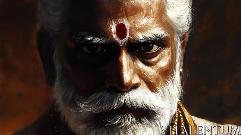 Elderly man with white beard stares forward under warm light