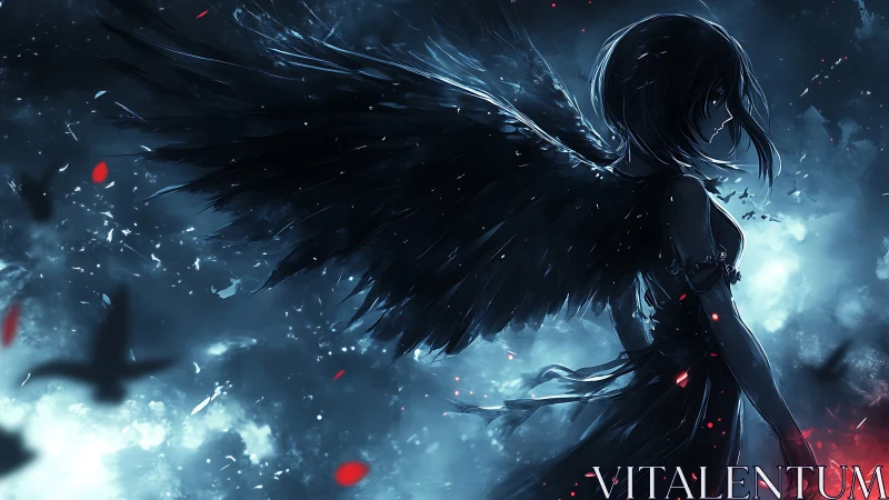 Midnight fallen angel ignites storm of crows and embers.