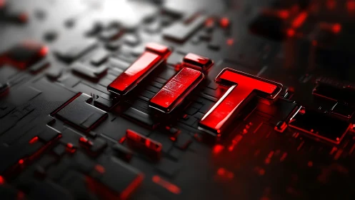 IT typography rendered in red glass over dark circuit board.