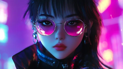 Neon-lit cyberpunk portrait with reflective magenta lenses and bokeh