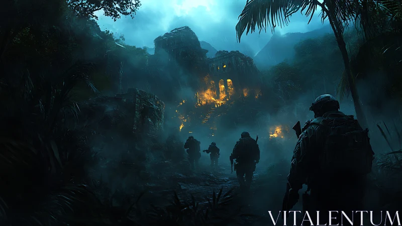 Midnight patrol toward a burning jungle temple ruin.