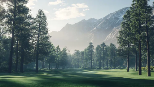 Sunlit pine meadow beneath distant snowcapped mountains.