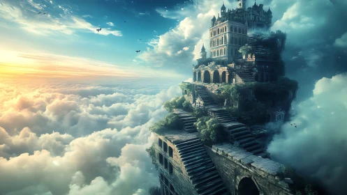 Skyward stone citadel crowns stairway above glowing clouds.