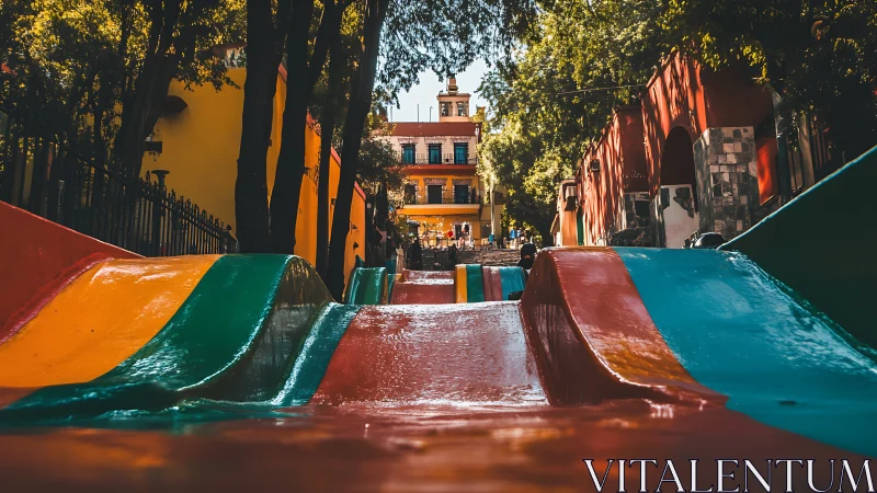 Colorful concrete slides lead toward sunlit urban plaza