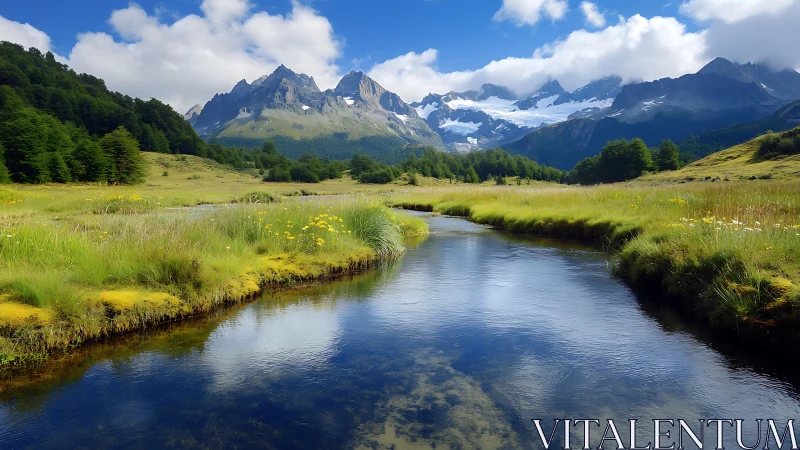 Mountain valley river under blue sky and distant glaciers.