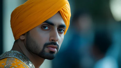 Portrait of man in orange turban with intense gaze.