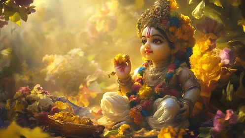 Golden light surrounds a serene baby deity in flower garlands