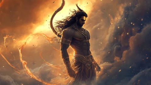 Divine warrior stands in blazing celestial storm of light