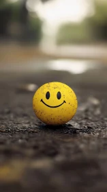 Dirty yellow smiley ball on wet street surface at dusk.