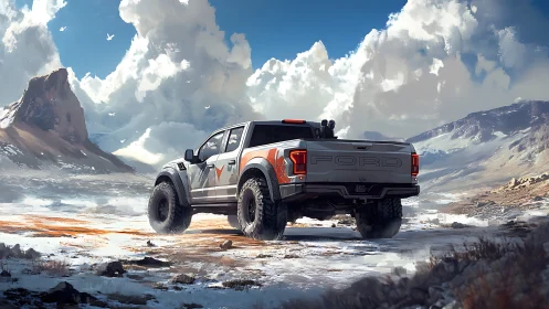 Rugged pickup truck roaming free in wide open mountain snow.