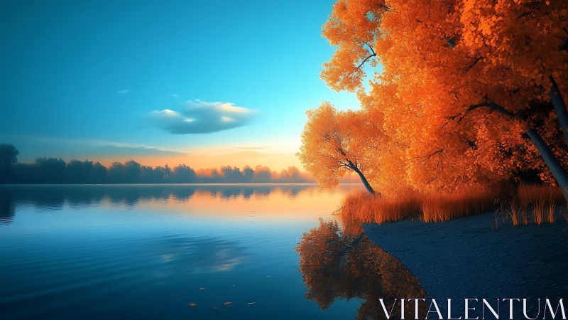 Golden autumn trees line calm lake under clear sunrise sky