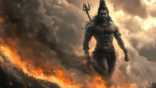 Mythic warrior strides through apocalyptic firestorm clouds